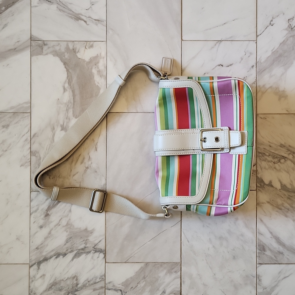 Coach striped summer hobo purse, white leather trimmed
